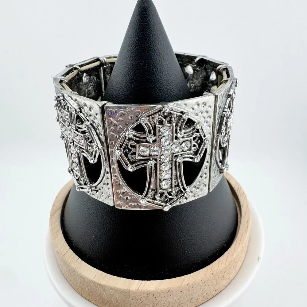 Vintage Silver Rhinestone Cross Stretch Bracelet Gothic Western Faith Chunky